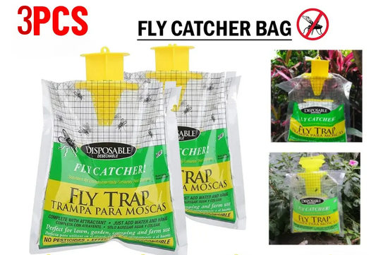 Fly catcher bags with yellow and green design on a white background