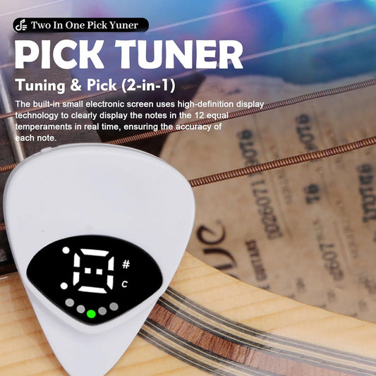 A promotional image featuring a white guitar tuner pick with a digital LED screen, displayed on a wooden surface with a blurred background.