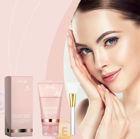 A promotional image featuring a woman touching her face, with the Collagen Night Wrapping Mask product displayed in the foreground.