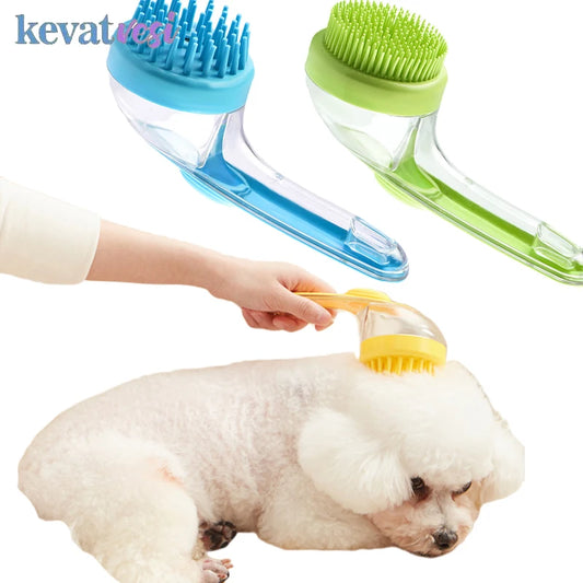 A silicone pet bath brush with a built-in shampoo dispenser, shown in blue and green colors, being used on a white dog.