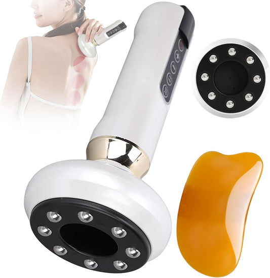 A white cordless cellulite relief massager with a circular head containing suction cups and an adjustable suction level dial, alongside a curved yellow cushion.