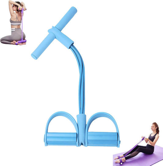 Blue resistance band exercise tool with two people using it on a white background
