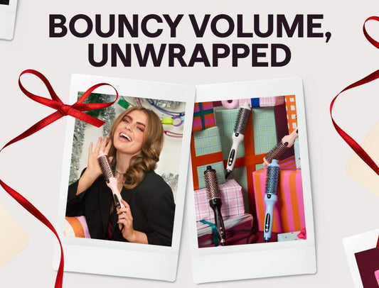 Promotional graphic for hair styling products with text 'Bouncy Volume, Unwrapped' and images of a woman using a hairbrush and hair products.
