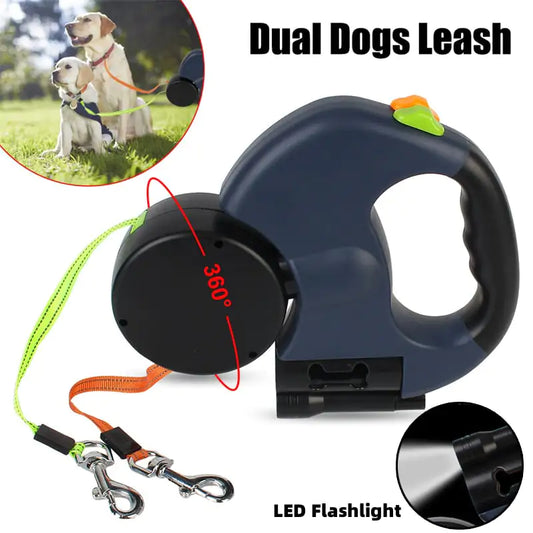 Dual dog leash with LED flashlight, featuring a retractable design and additional details, including a waste bag holder. The leash is shown in use with two dogs and the handle is highlighted with a orange and black color scheme.