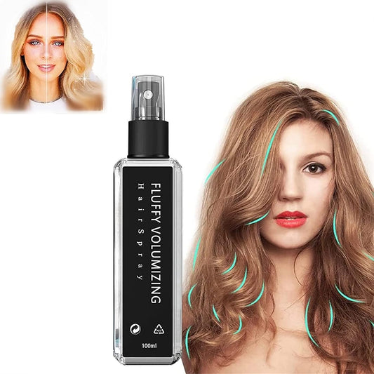 Fluffy Volumizing Hairspray bottle with a woman with styled hair on a white background
