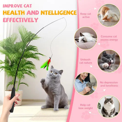 Interactive cat toy wand with a feather attachment, shown in use with a cat jumping towards the feather. The image includes smaller pictures depicting cats playing with the toy, sitting next to the toy, and a person holding the toy.