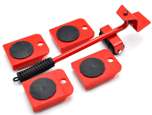 A set of red furniture moving tools including a lifter and four sliders made of iron with black pads on top.