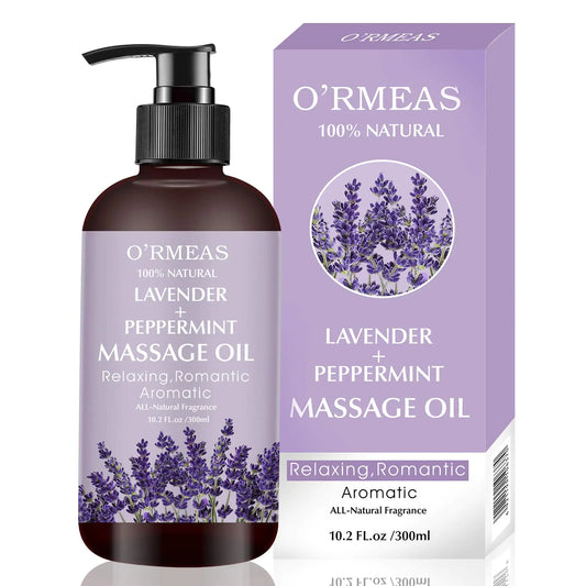 Bottle and packaging of O'ROMEAS Lavender & Peppermint Massage Oil with purple flowers and product information.