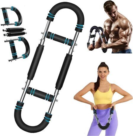 Fitness equipment with adjustable handles, shown with a woman and man exercising.