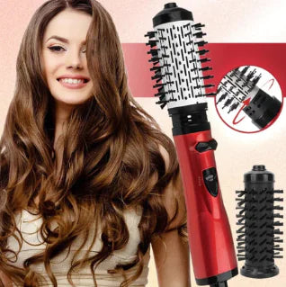 Woman with styled hair next to a red and black hair styling tool with attachments.