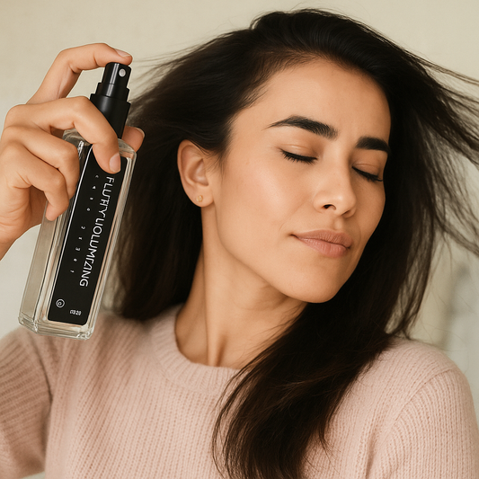 Woman holding a hair product spray bottle with a neutral background
