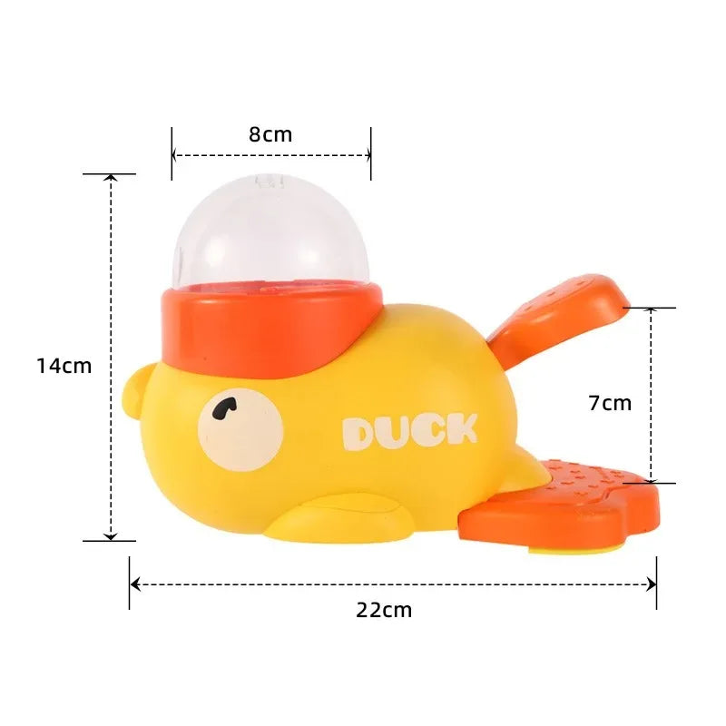 Measurement chart of a yellow duck toy with dimensions labeled.