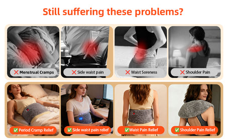 Product advertisement showing relief from various body pain issues with a woman using a heating pad.
