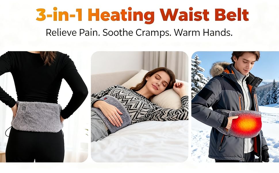 3-in-1 heating waist belt with people using it in various scenarios.