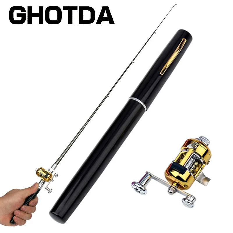 A compact, black pocket-size fishing rod with a gold-colored metal reel, shown both assembled and disassembled with a hand holding the rod.