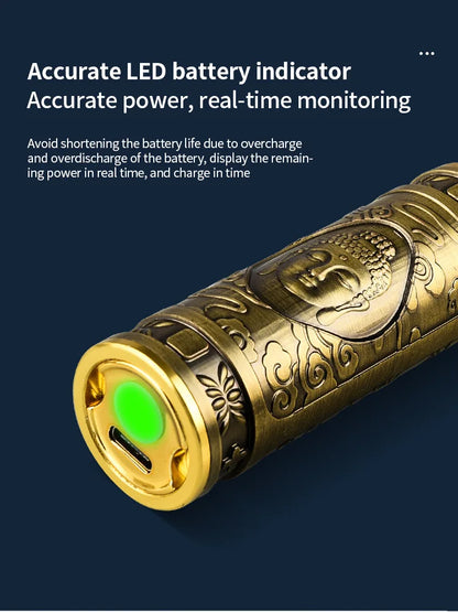 Gold battery indicator with Buddha design on a dark blue background