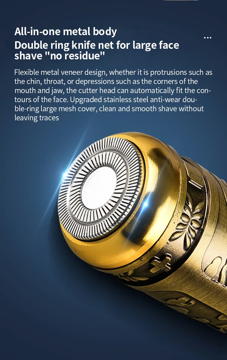 Gold metal shaving head with text on a blue background