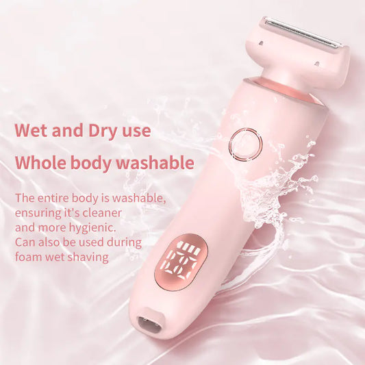 An image showing a pink electric razor with a digital display, highlighting its wet and dry use feature and whole body washability.