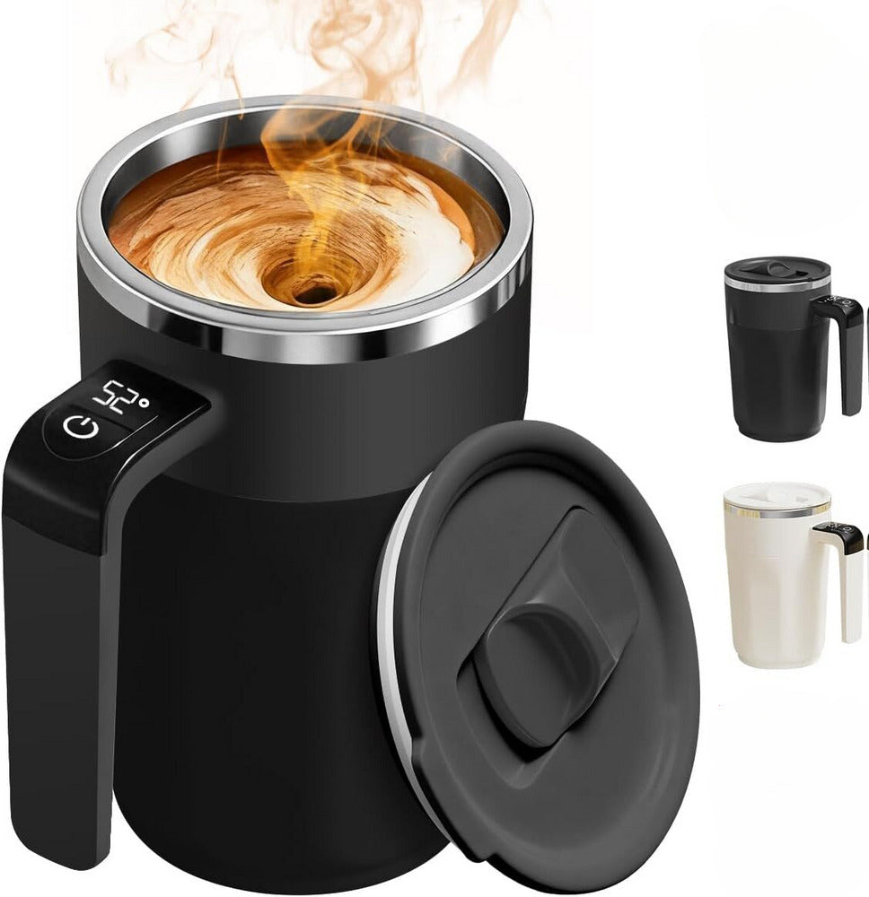 Black insulated mug with digital display showing temperature, filled with steaming coffee, on a white background.