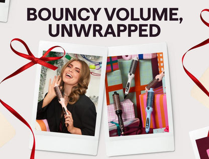 Promotional graphic for hair styling products with text 'Bouncy Volume, Unwrapped' and images of a woman using a hairbrush and hair products.