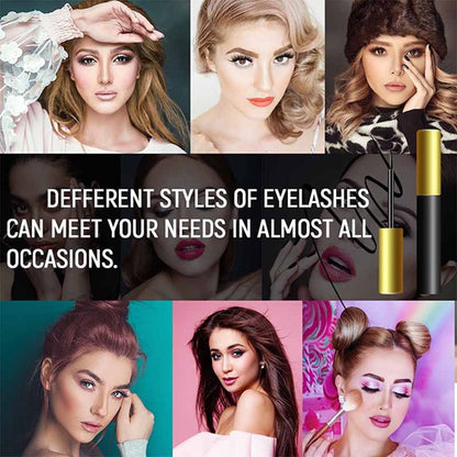 Collage of women with various hairstyles and makeup, promoting different styles of eyelashes.
