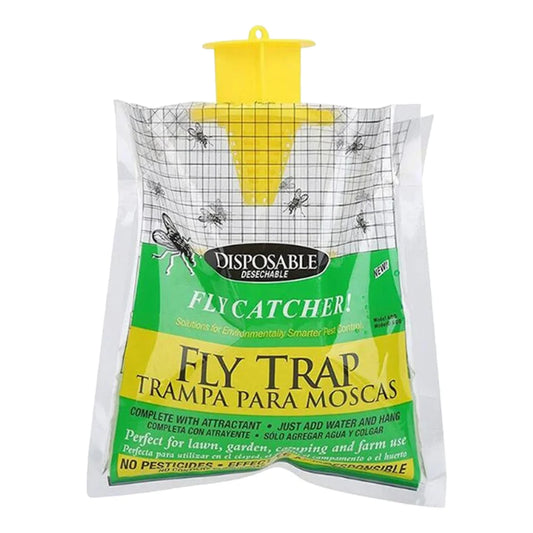 Disposable fly catcher with yellow top and green label on a white background