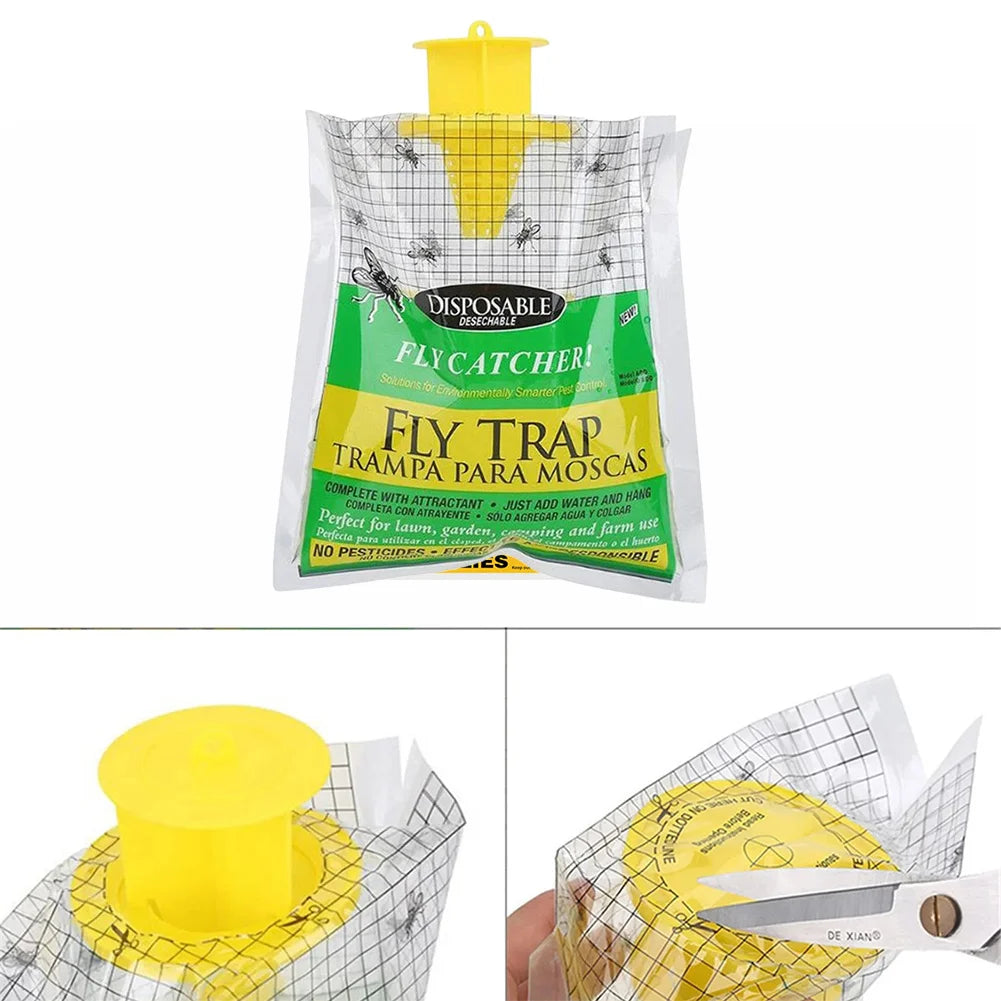Disposable fly trap packaging with yellow and green design on a white background