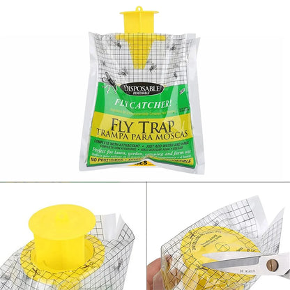 Disposable fly trap packaging with yellow and green design on a white background