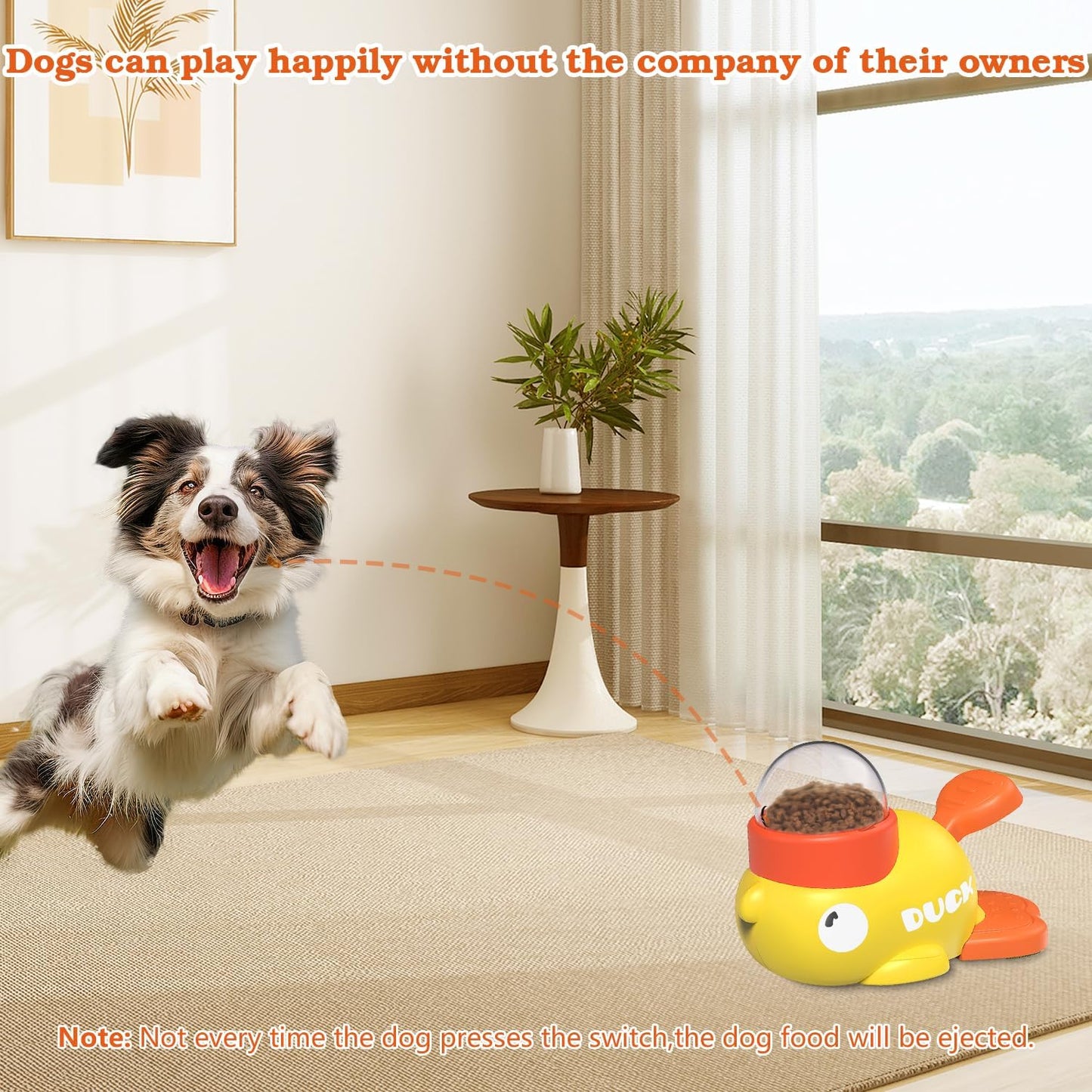 Dog playing with a toy that dispenses dog food indoors.