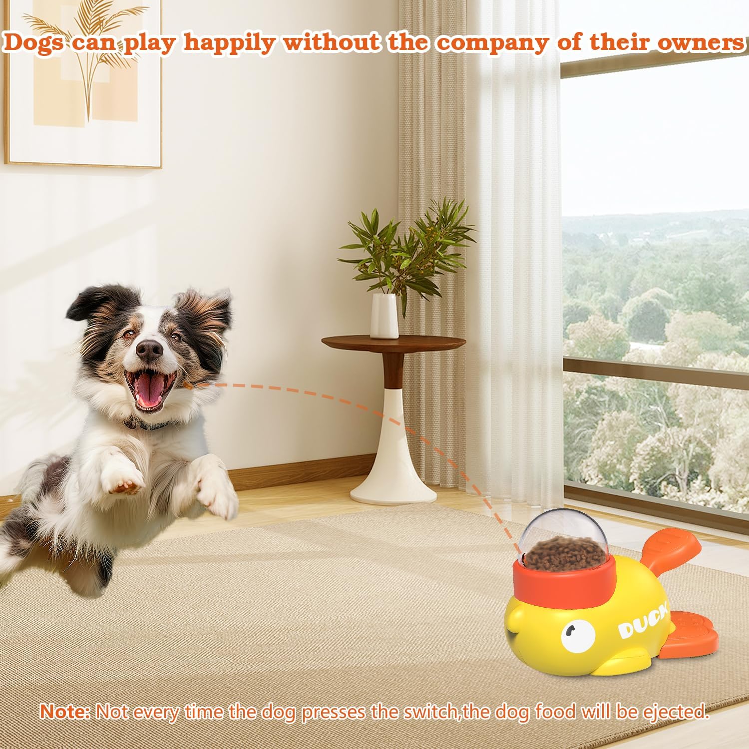 Dog playing with a toy that dispenses dog food indoors.