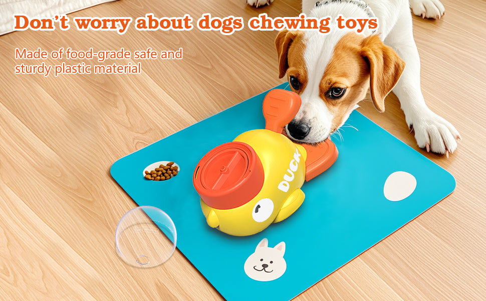 Dog playing with a turtle-shaped toy on a blue mat, with text about dog toys being food-grade safe.