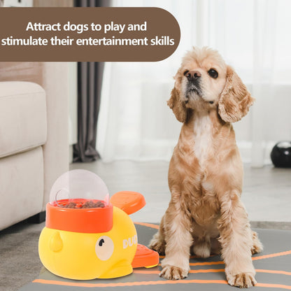 Dog sitting next to a yellow and orange dog toy in a living room.