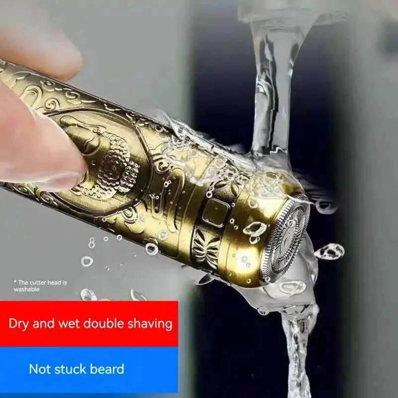 Gold and silver double-edged razor being rinsed under running water with text about shaving benefits.