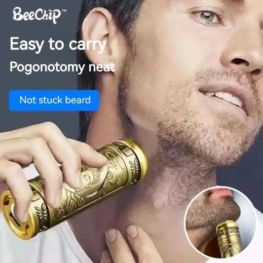 Man using a gold-colored device on his beard with BeeChip branding and text about ease of use.