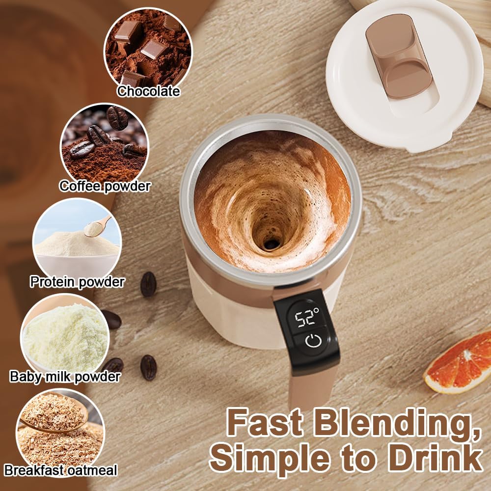 Smart blender with ingredients like coffee powder, protein powder, and baby milk powder on a wooden surface.