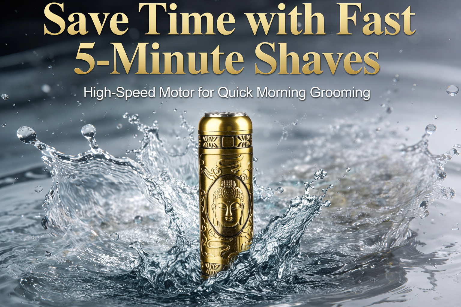 Gold electric shaver in water with text about fast 5-minute shaves