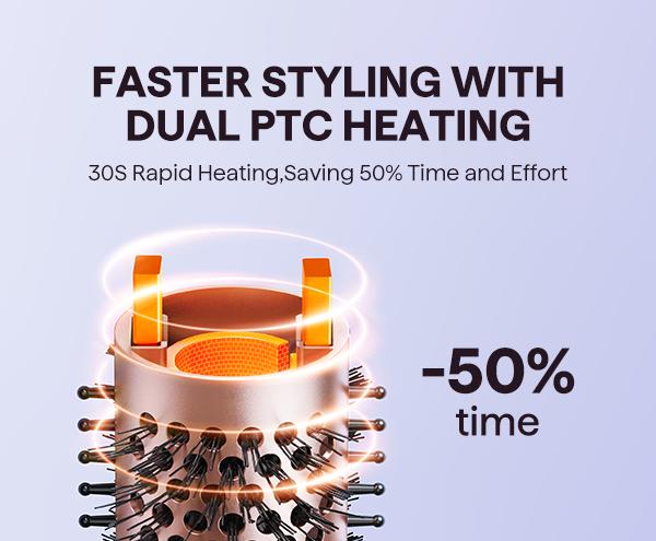 Hair dryer with dual PTC heating technology on a light blue background