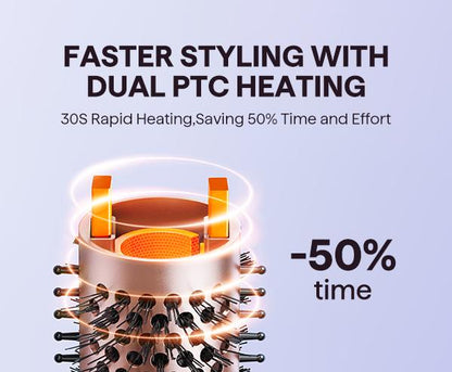 Hair dryer with dual PTC heating technology on a light blue background