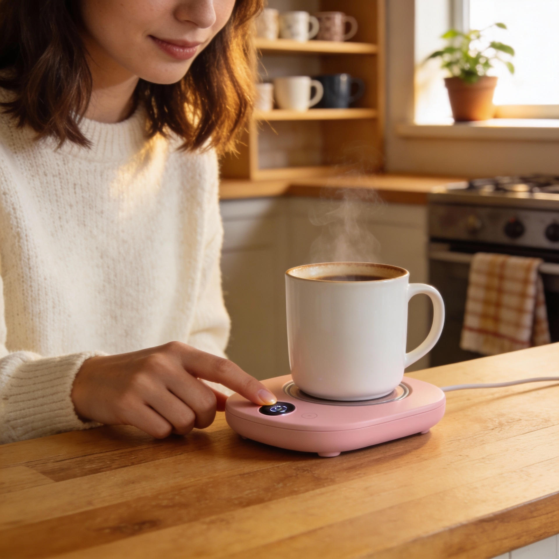Person using a pink electric mug warmer with a steaming white mug on a wooden surface.