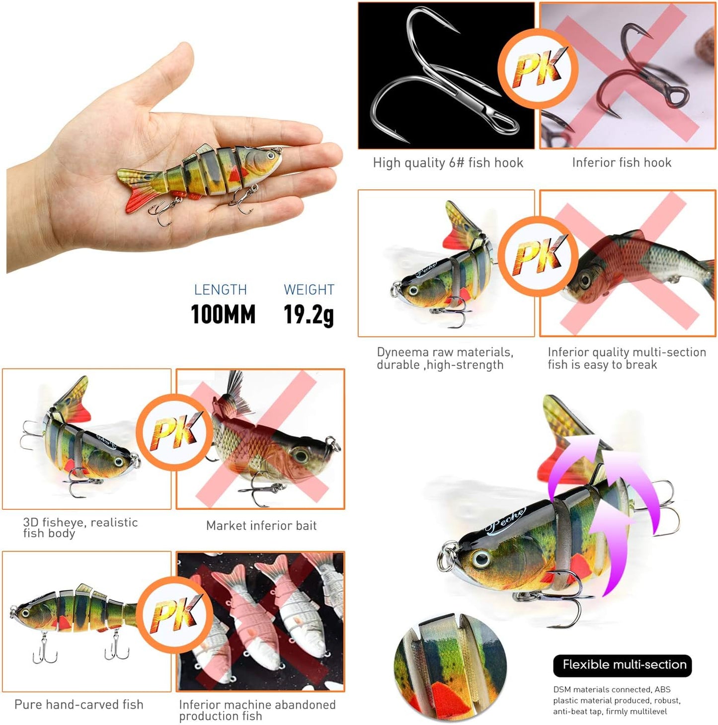 Fishing lures and hooks with PK branding, highlighting quality differences.