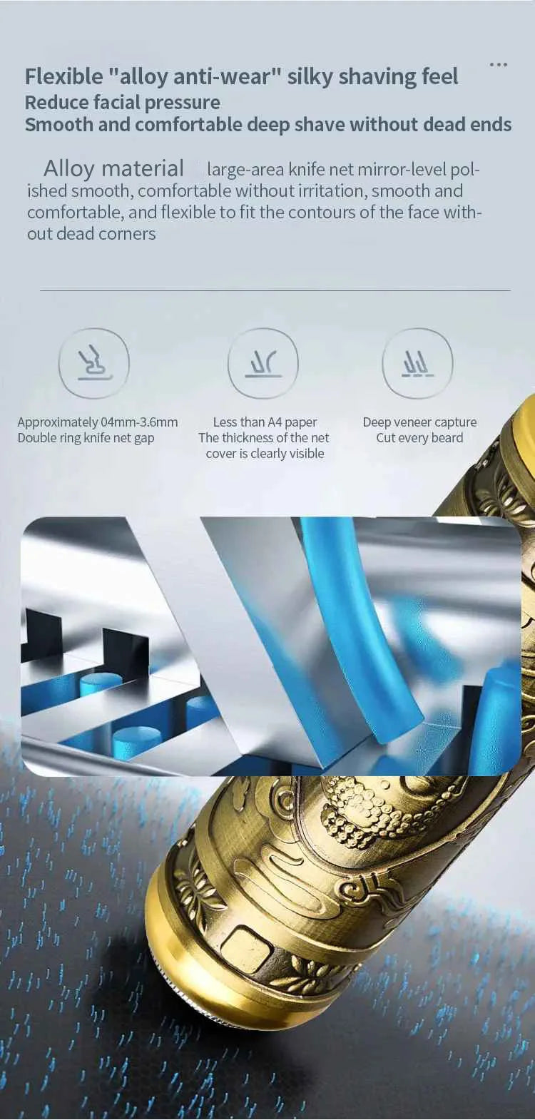 Close-up of a gold and blue shaving brush with text on a gray background