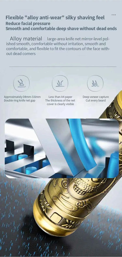 Close-up of a gold and blue shaving brush with text on a gray background