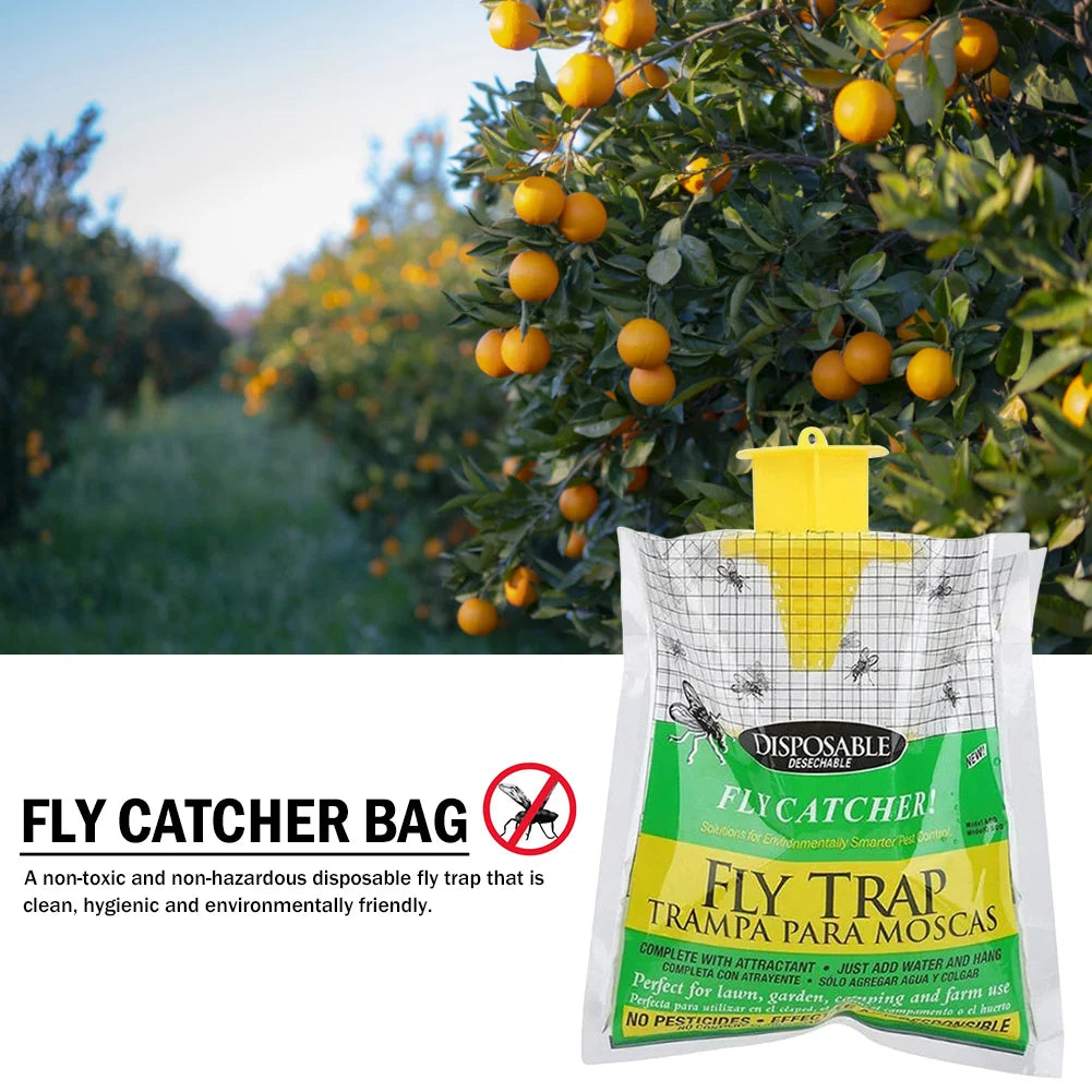 Fly catcher bag with a background of orange trees