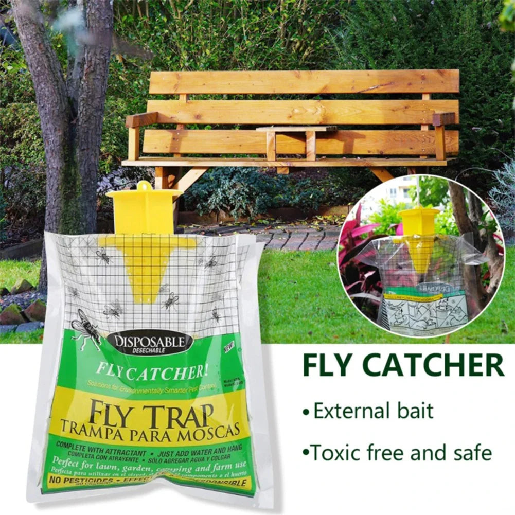 Fly catcher packaging with a garden background featuring a bench.