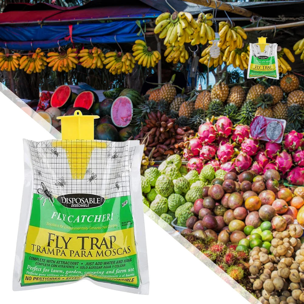 Fly trap package with a colorful fruit stand in the background