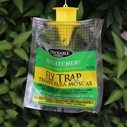 Fly trap packaging with a yellow fly catcher on a green leafy background