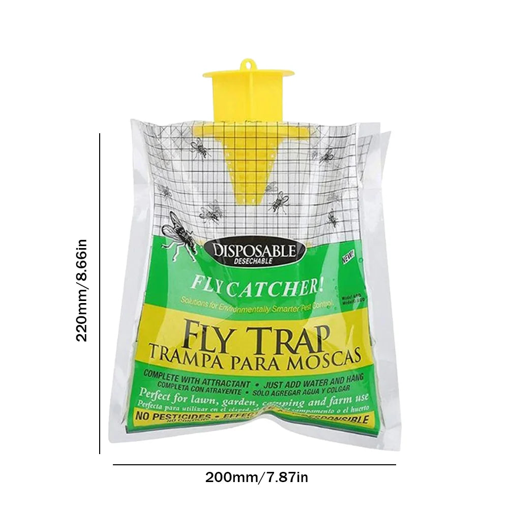 Fly trap packaging with dimensions on a white background