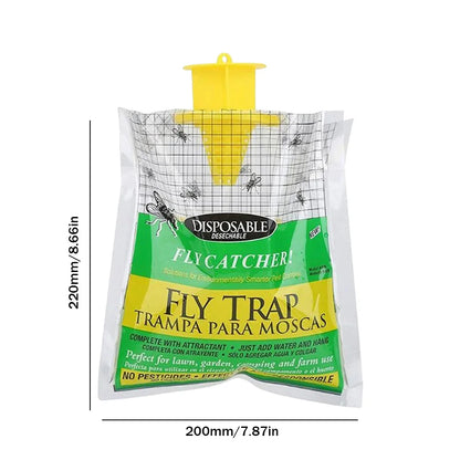 Fly trap packaging with dimensions on a white background