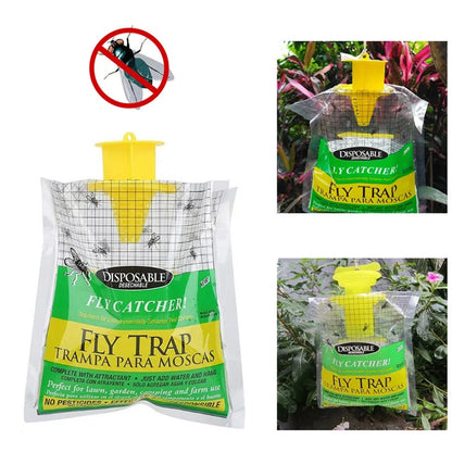 Fly trap packaging with images of fly traps in use outdoors.