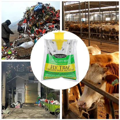 Fly trap packaging with images of waste management and a cow in a barn.